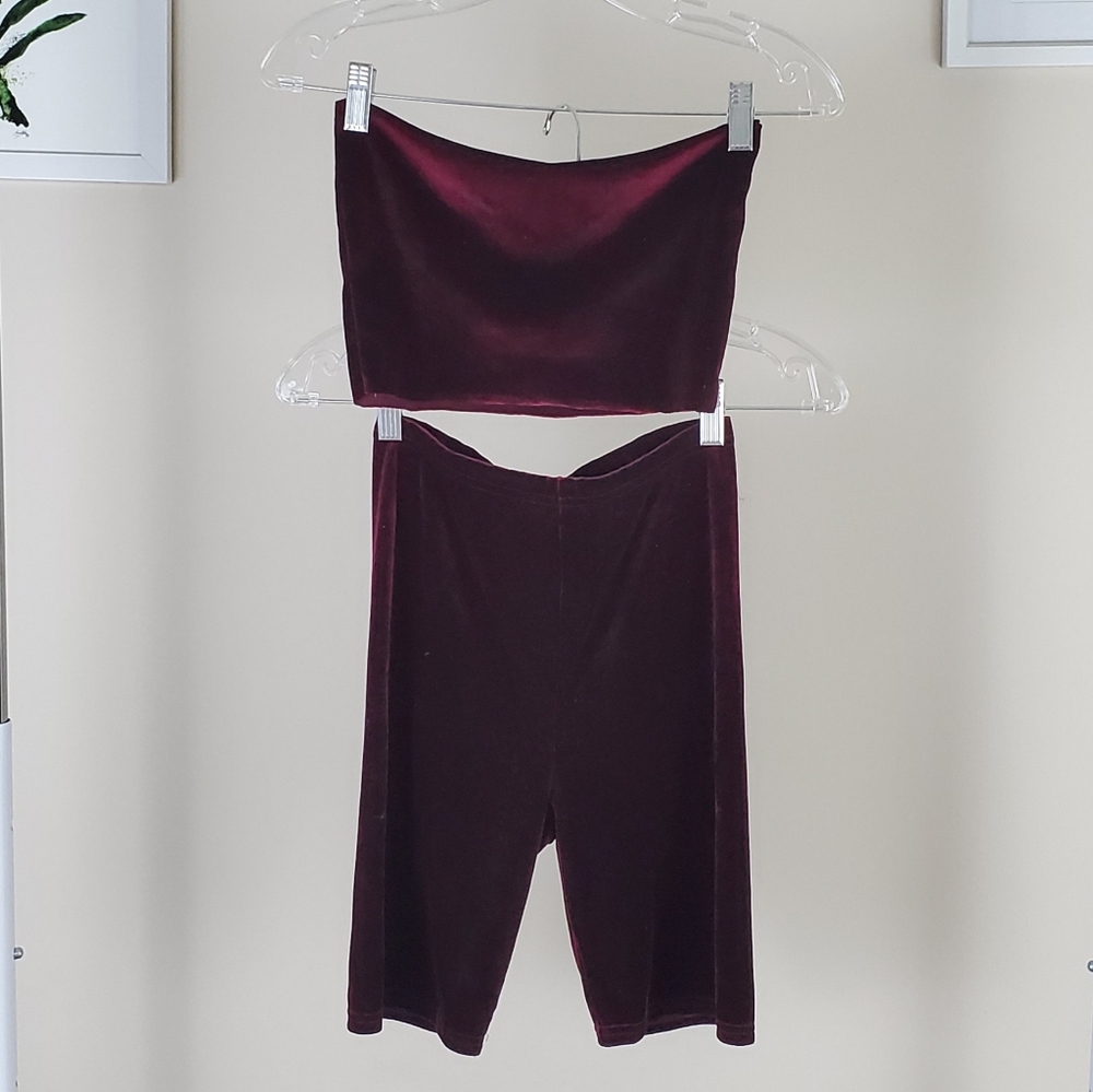 Burgundy Velvet Biker Short Set